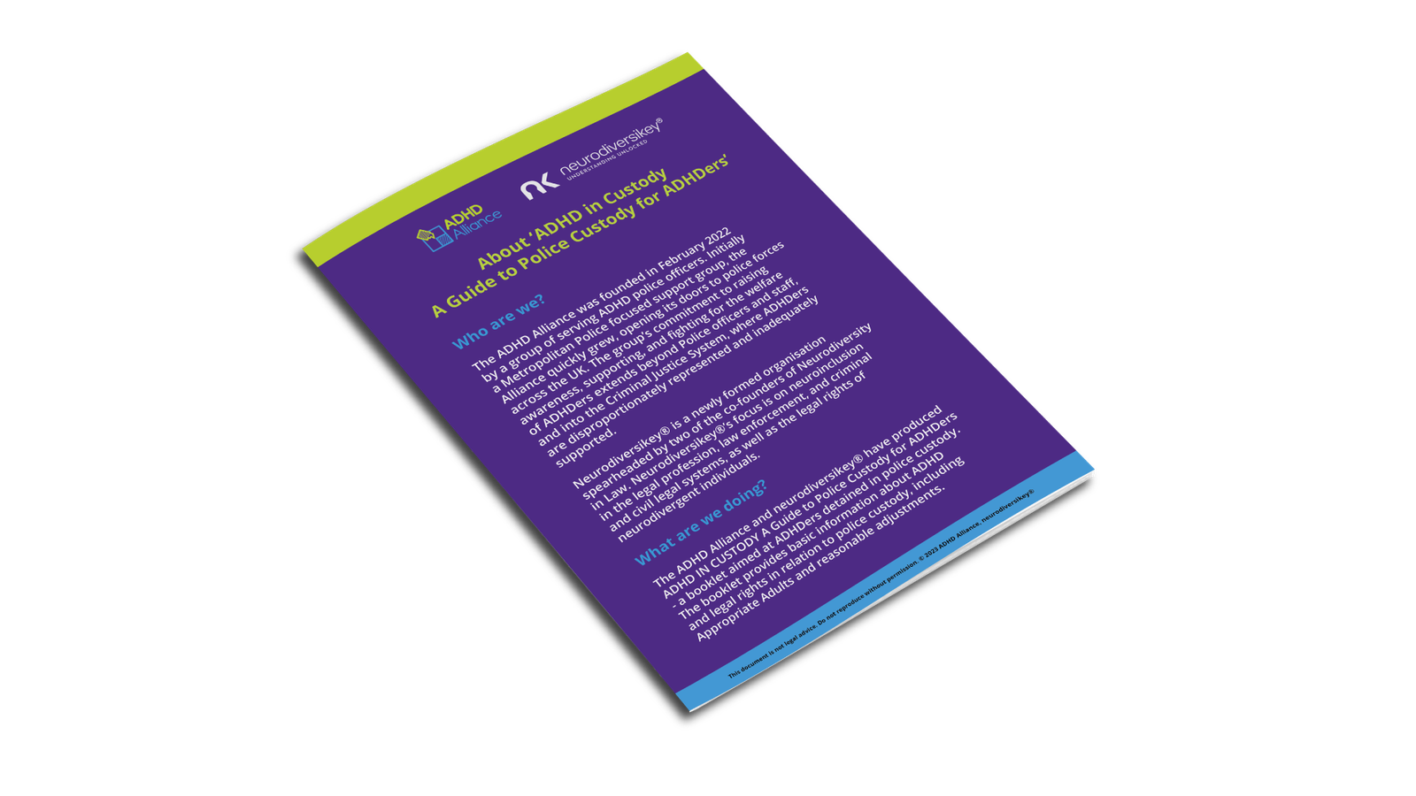 The "About ADHD in Custody A Guide to Police Custody for ADHDers" Document. A purple, green and blue document.