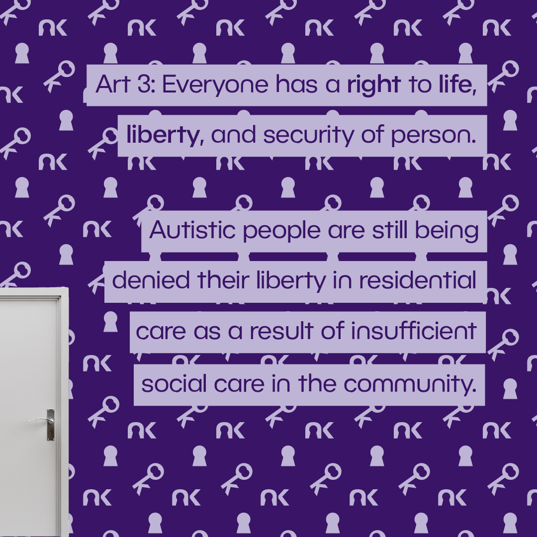 Text says: "Art 3: Everyone has a right to life, liberty, and security of person. Autistic people are stil being denied their liberty in residential care as a result of insufficient social care in the community." next to a closed white door.
