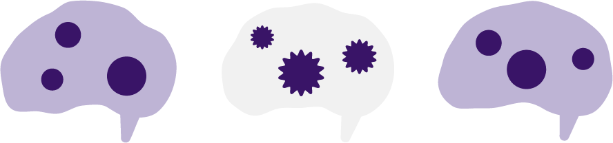 2 lilac and 1 off-white brain. The lilac brains contain 3 different size and positioned circles. The white brain contains 3 different sized starburst shapes.