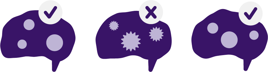 9 dark purple brains. 2 brains contain circles and have a tick mark. 1 brain contains starburst shapes and has a cross mark.