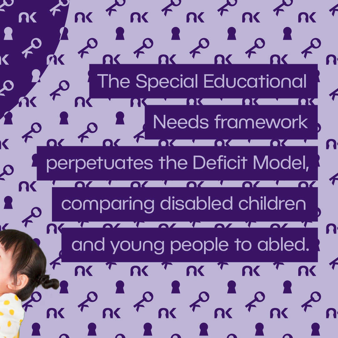 Text says: "The Special Educational Needs framework perpetuates the Deficit Model, comparing disabled children and young people to abled."