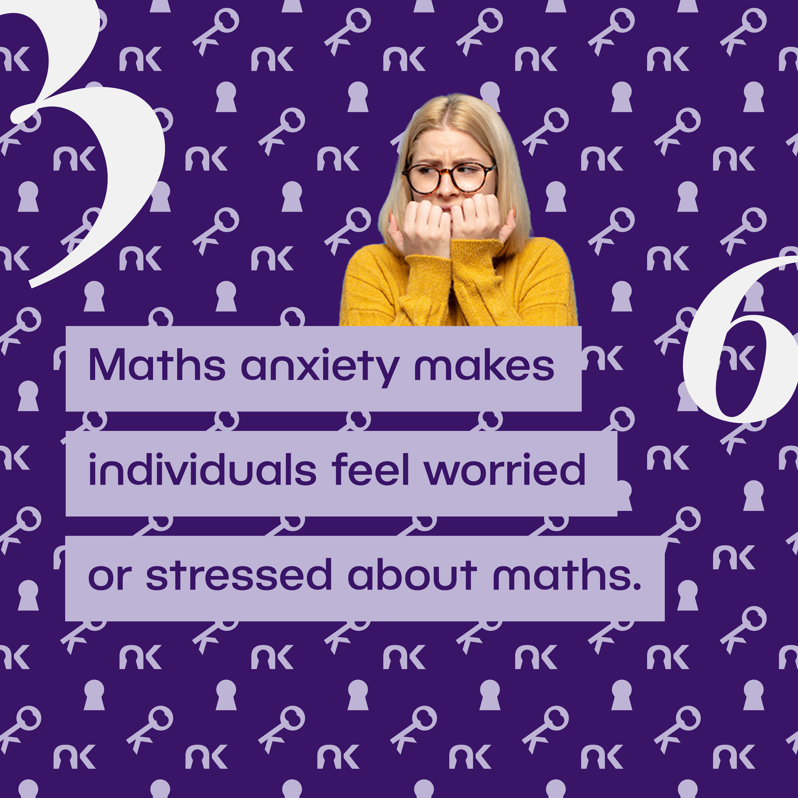 Text says: "Maths anxiety makes individuals feel worried or stressed about maths." Next to a worried-looking white woman biting her fingernails, wearing glasses and a yellow jumper.