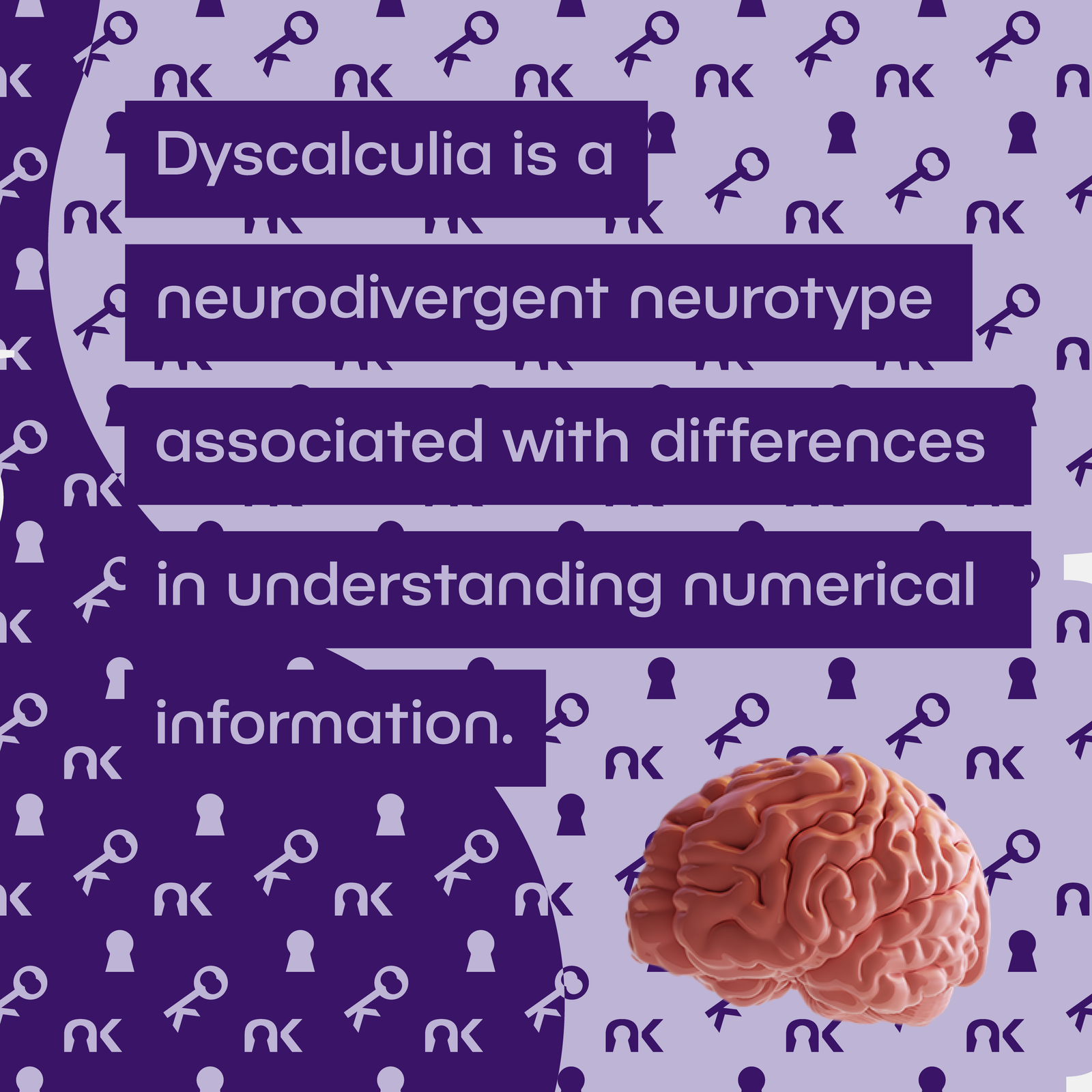 Text says: "Dyscalculia is a neurodivergent neurotype associated with differences in understanding numerical information." next to a 3D floating pink brain.