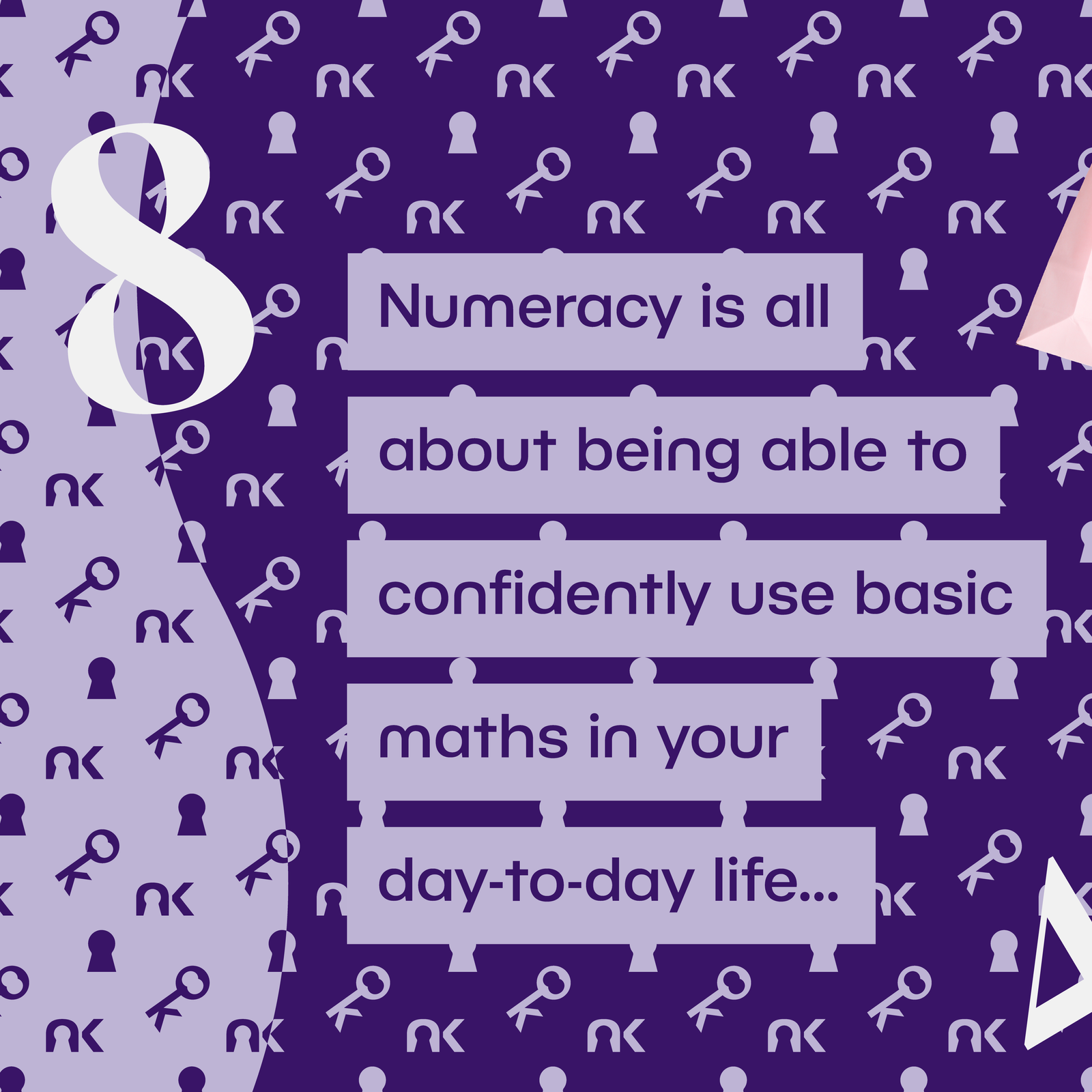 Text says: "Numeracy is all about being able to confidently use basic maths in your day-to-day life..." next to a white hand carrying pink paper shopping bags.