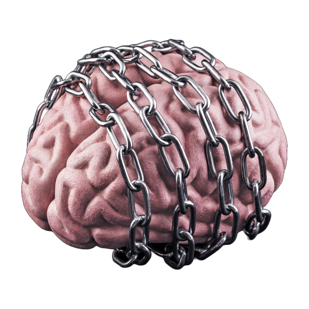 A pink 3D brain wrapped in silver chains.