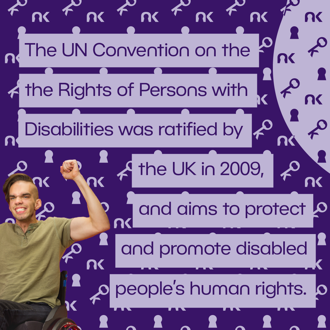 Text says: "The UN Convention on the Rights of Persons with Disabilities was ratified by the UK in 2009, and aims to protect and promote disabled people's human rights."