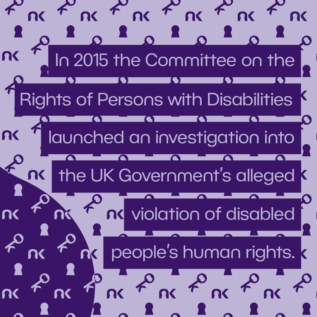 Text says: "In 2015 the Committee on the Rights of Persons with Disabilities launched an investigation into the UK Government's alleged violation of disabled people's human rights."