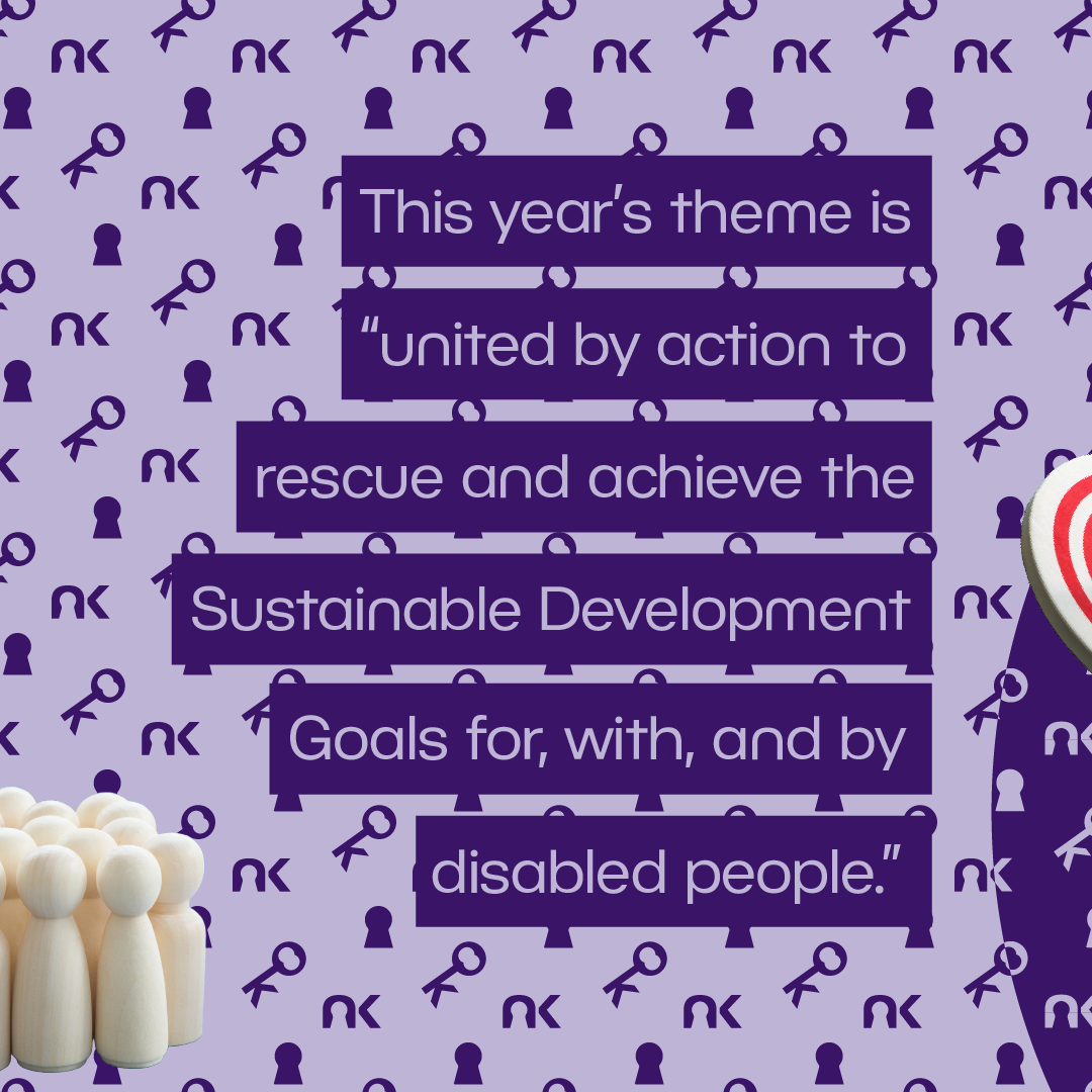 Text says: "This year's theme is 'united by action to rescue and achieve the Sustainable Development Goals for, with, and by disabled people.'"