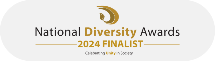 Text says "National Diversity Awards 2024 Finalist Celebrating Unity in Society"